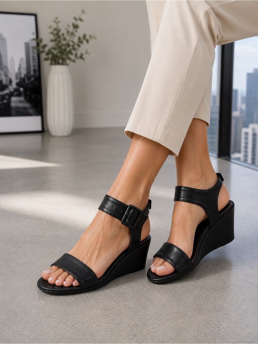 Nine West Black Leather Buckle Ankle-Strap Sandals